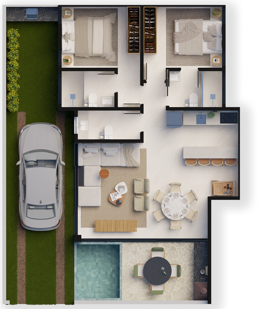 Planta da residência térrea de 112 metros quadrados